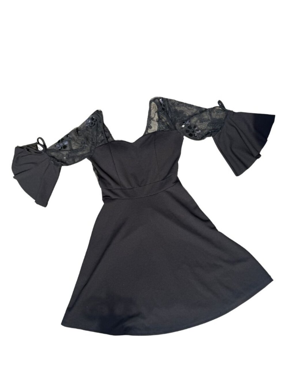 Black Sequin Lace Bell Sleeve Fit & Flare Dress, Size S